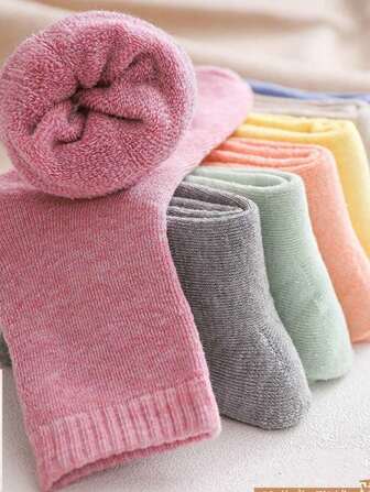 5 Pairs Thermal Pastel Socks, Simple & Warm Mid Tube Socks For Fall & Winter, Women's Stockings & Hosiery