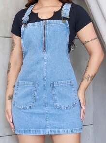 Women's Short Denim Overalls With Front Pocket - 中等水洗藍 - 查看 6