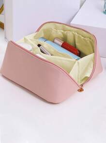 1 szt. Kreatywna kosmetyczka, kosmetyczka ze skóry PU, duża pojemność, modny i przenośny organizer na przybory toaletowe, wysokiej jakości brązowy kolor z koronką i plisowanym wzorem, wielofunkcyjna minimalistyczna kosmetyczka