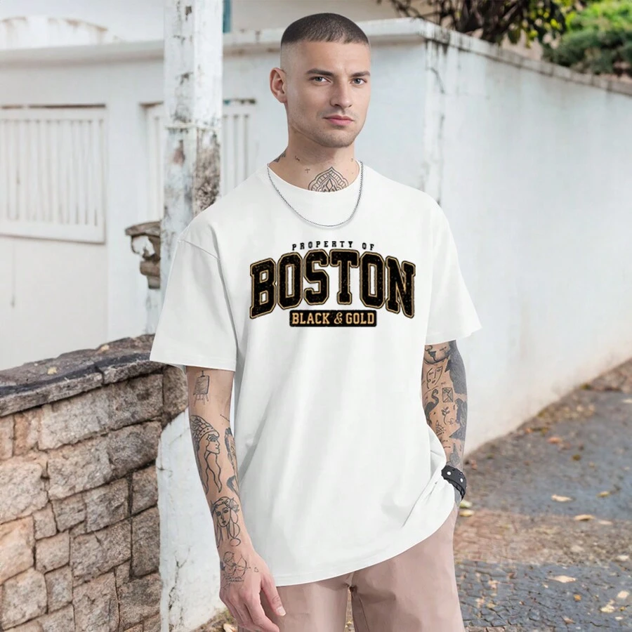 Boston City Black & Gold Casual T-Shirt Oversized T Shirt Fashion Streetwear 100% Cotton - 白色 - 查看 1