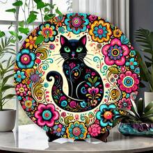 1 vòng hoa mèo Ngày của người chết Mexico: Thẻ kim loại tròn 8X8in / 20X20cm - Trang trí nhà, quán cà phê, văn phòng, vườn, nhà hàng - Chất liệu sắt Lên, xuống, trái và phải Các vị trí lỗ khác nhau Giao hàng ngẫu nhiên - Nhiều màu - Xem 4