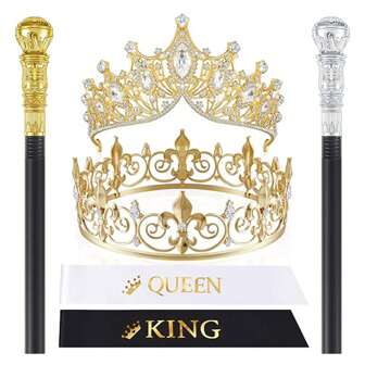 1/2/6 件套舞会国王和王后皇冠套装，男女通用，金色手杖舞会绶带，适用于婚礼、毕业典礼、生日、情人节派对等场合。