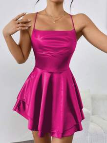 1 Peça Vestido Elegante Plissado de Pescoço Halter Sem Costas em Cetim Sexy, Adequado para Bar, Festa, Casa