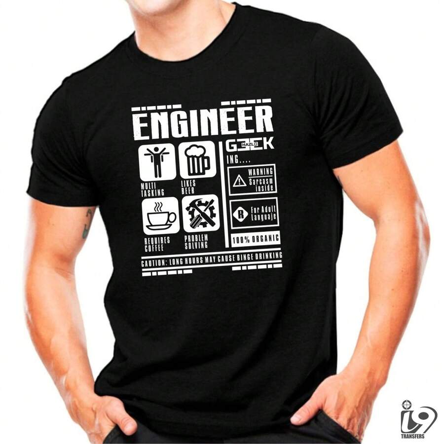 Engineer Geek Printed Shirt Lightweight Soft Men's 100% Cotton T-Shirt - 黑色 - 查看 1