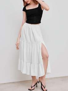 纯色弹性腰部荷叶边下摆中长 A 字裙