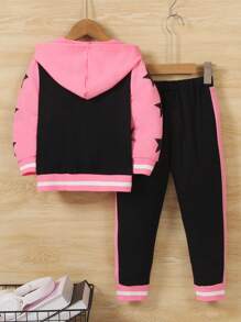 2pcs/Set Girls Casual School Style Star & Letter Print Colorblock Long Sleeve Hooded Jacket And Pants Set, Lightweight Fabric Suitable For Spring & Autumn - Multicolor - View 3