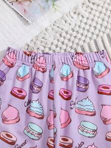 2 件套年轻女孩休闲可爱甜点图案印花长袖连帽衫和运动裤套装 - 紫色 - 查看 8