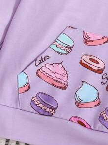 2 件套年轻女孩休闲可爱甜点图案印花长袖连帽衫和运动裤套装 - 紫色 - 查看 4