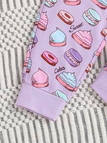 2 件套年轻女孩休闲可爱甜点图案印花长袖连帽衫和运动裤套装 - 紫色 - 查看 7