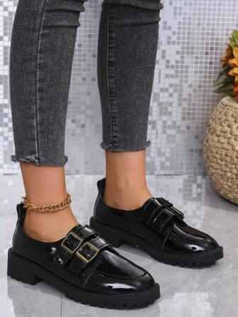 Women's Fashion Buckle Loafer Shoes, 2025 Spring & Autumn New Style Versatile Minimalist Design Chunky Heel Thick Sole Solid Color Strap Flats