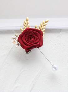 1 件勃艮第面料胸花，婚礼新郎伴郎西装翻领花胸花，商务派对配饰 - 酒紅色 - 查看 2