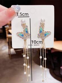 1 Pair Boho Floral Drop Dangle Earrings With Crystal Tassels, Wedding Party Jewelry Gift For Women
