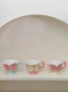 1pc 180ml Hand-Painted Bow Ceramic Coffee Cup, Handcrafted Flattened Handle Mug, Suitable For Cafe Latte, Manual Coffee, Office Milk Cup, Water Cup, Holiday Gift, Girlfriends Cup, Afternoon Tea Cup, Holiday Decoration Back To School Back To School