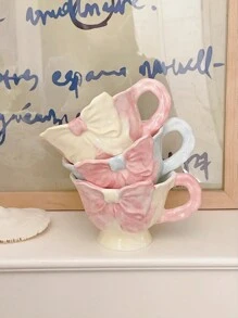 1pc 180ml Hand-Painted Bow Ceramic Coffee Cup, Handcrafted Flattened Handle Mug, Suitable For Cafe Latte, Manual Coffee, Office Milk Cup, Water Cup, Holiday Gift, Girlfriends Cup, Afternoon Tea Cup, Holiday Decoration Back To School Back To School