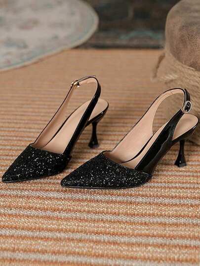 Women's Black Sequin Pointed-Toe High Heels, Lacquered Leather Thin Strap High Heels Sandals, Fashionable And Elegant Party/Wedding Shoes