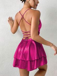 1 pieza Vestido elegante de satén con escote halter sin espalda y plisados, adecuado para bar, fiesta, hogar - Rosa Fucsia - Ver 8