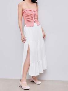 纯色弹性腰部荷叶边下摆中长 A 字裙