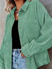 Women's Solid Color Front Button Long Sleeve Pocket Casual Shirt - Green - View 2