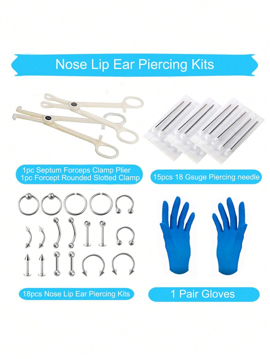 47pcs Body Septum Piercing Kits 18G Piercing Needles Pliers Tools For