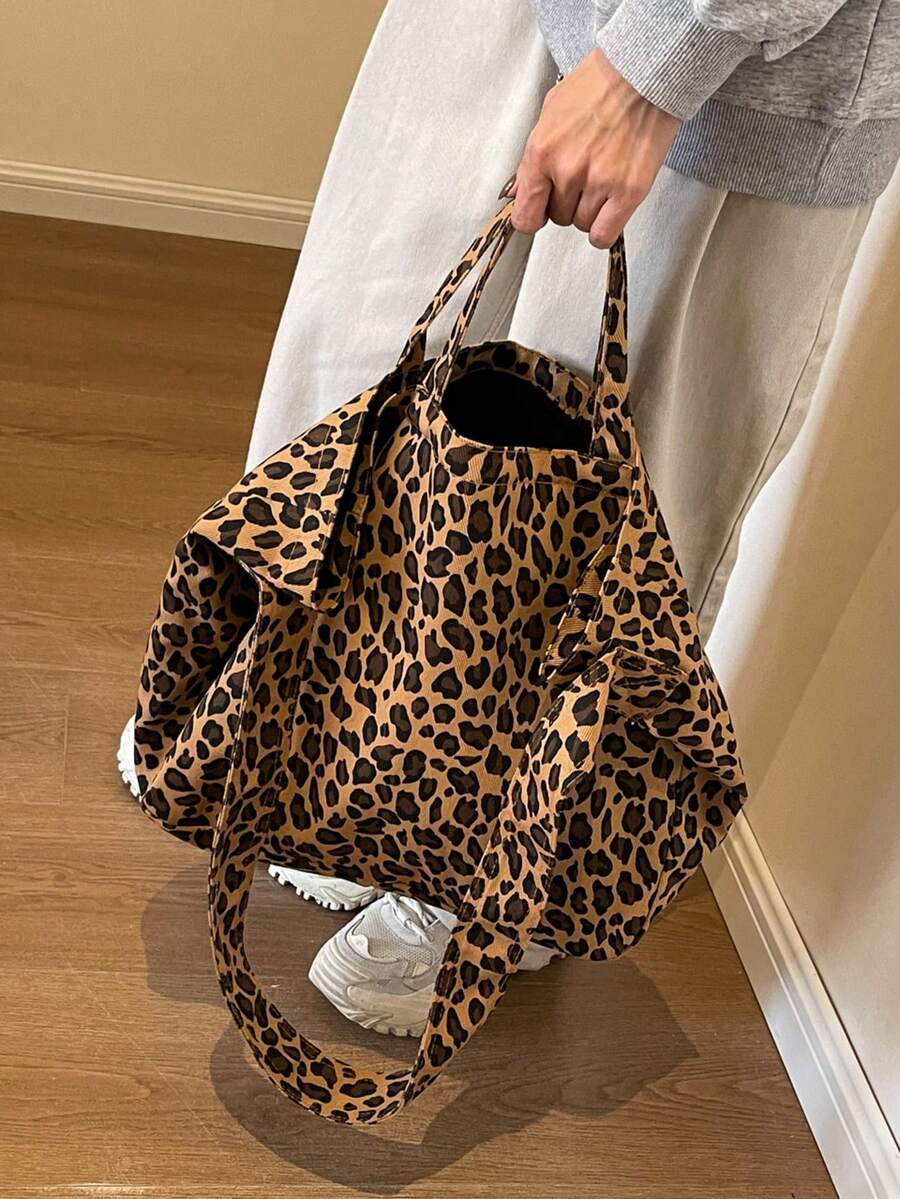 Fashion Large Capacity Leopard Print Foldable Canvas Tote Bag, Casual