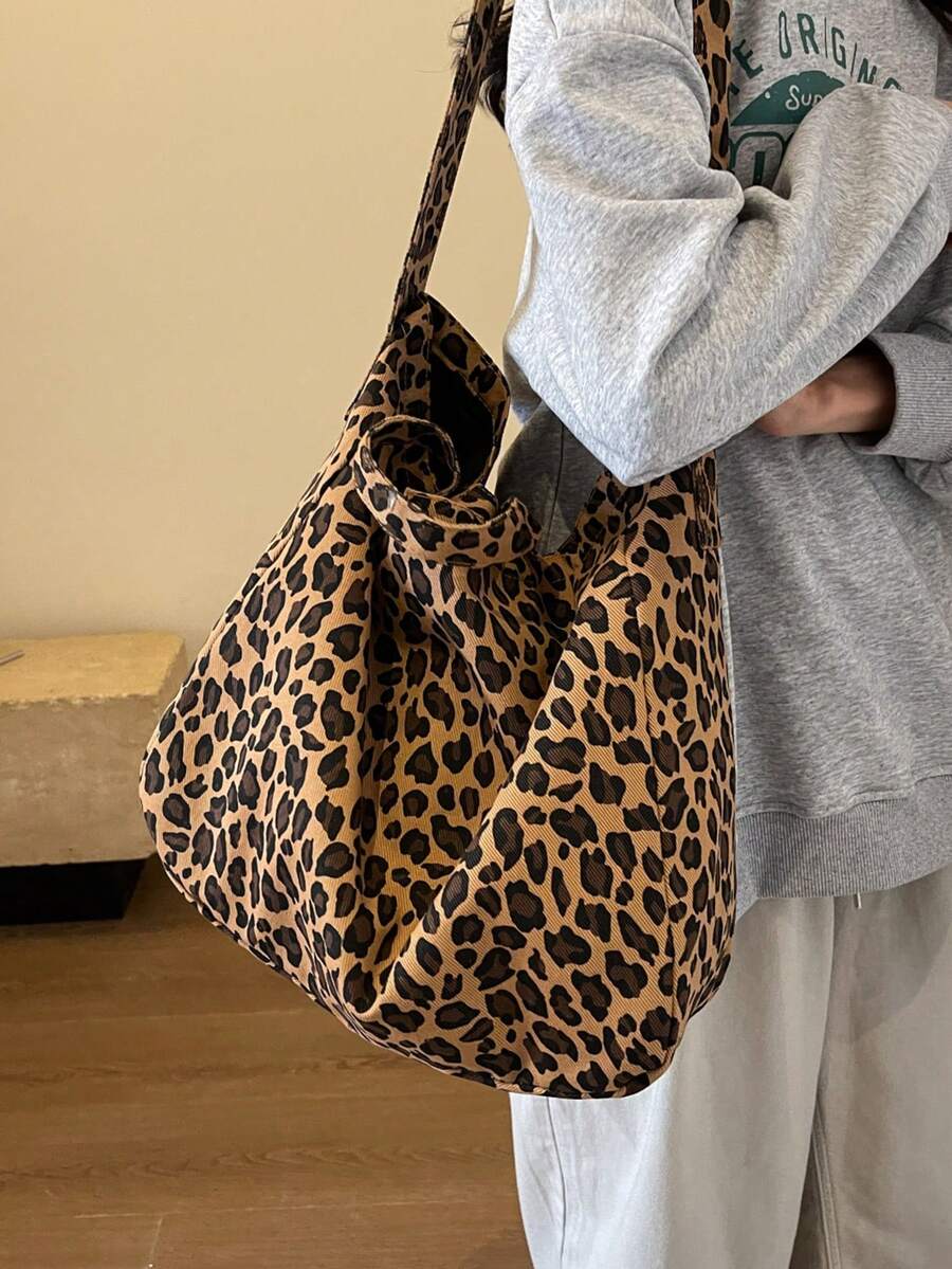 Fashion Large Capacity Leopard Print Foldable Canvas Tote Bag, Casual