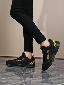 Women Black Casual Sneakers, Breathable Athletic Shoes, Lightweight Holiday & Travel Everyday Running Shoes, Comfortable Chunky Sneakers - Yellow - View 4