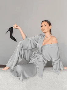 2 件套女士纯色冰丝系带长袖开衫和阔腿裤睡衣套装，舒适，两件套 - 灰色 - 查看 2