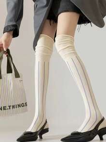 1 双女士宽松竖条纹过膝袜，撞色长腿保暖袜，修身小腿 - 彩色 - 查看 1