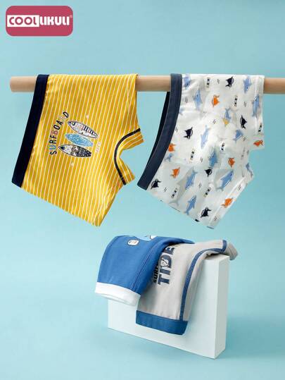 Coollikuli 4 Packs Young Boy Cartoon Shark Print Soft Boxer Briefs Four Seasons