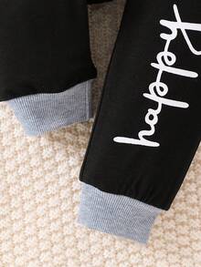 Bộ 2 món áo chui đầu cổ tròn màu tương phản cho bé trai dài tay và quần dài in chữ mùa thu/đông - Xám - Xem 6