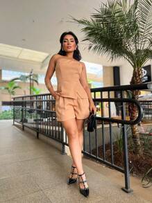 Women's Set With Strapless Crop Top And Tailored Fabric Shorts - 杏色 - 查看 4