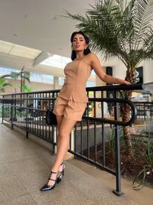 Women's Set With Strapless Crop Top And Tailored Fabric Shorts - 杏色 - 查看 5