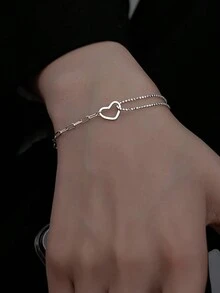 1 件 S925 纯银浪漫空心心形双层不对称手链，简约甜美心形精致手链，休闲优雅配饰礼物，适合女性 - 鏤空愛心 - 查看 5