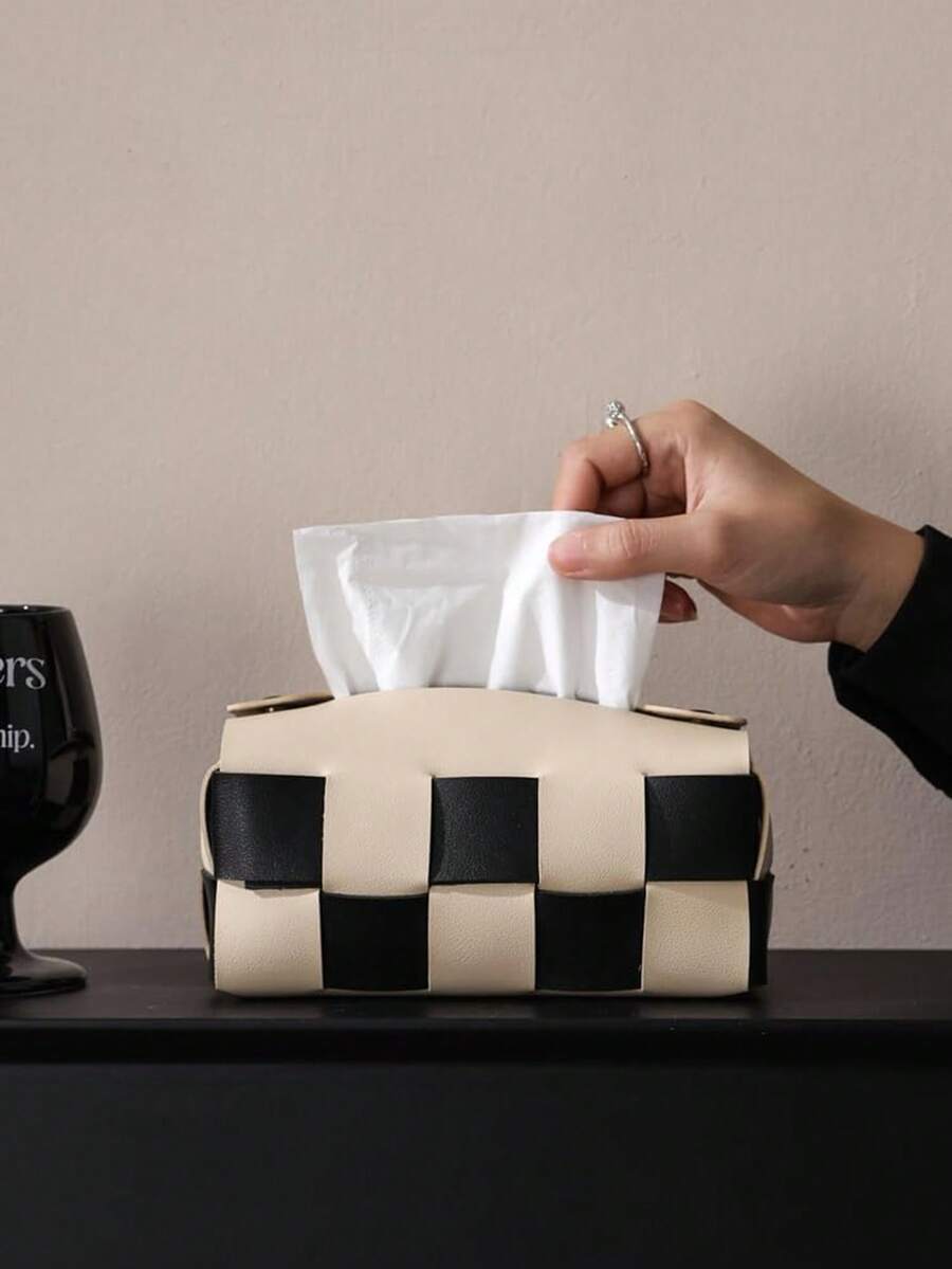 1 hộp đựng khăn giấy bằng da Pu, kiểu bàn cờ, hình vuông, bốn màu - nhiều màu - Xem 1