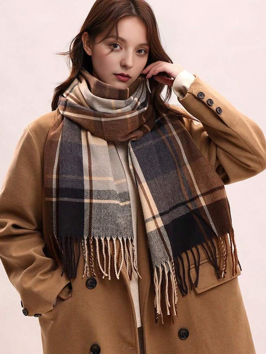 1 chiếc khăn choàng cổ cashmere giả dày thanh lịch cổ điển dành cho nữ, khăn choàng tua rua ấm áp và chống gió, phù hợp cho mọi dịp đông thu - Cà phê nâu - Xem 1