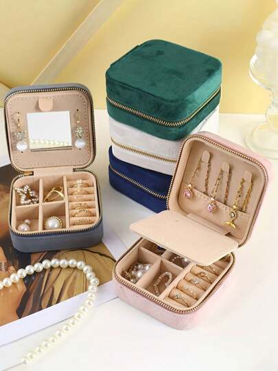 1PC Mini Retro Portable Jewelry Storage Box With Necklace Hook, Flannel Fabric, Zipper Closure, And Built-In Mirror Valentine's Day Back To School