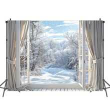多功能圣诞横幅 - 涤纶冬季仙境雪景摄影背景，雪花森林场景窗景派对装饰，节日树风景照相亭墙壁装饰，无需电力 - 彩色 - 查看 5
