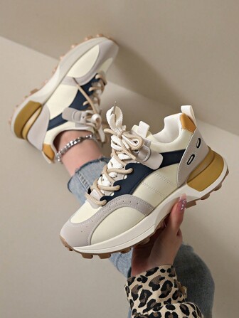 女士2024新款蓝色厚底系带休闲旅游运动鞋混色平底厚底运动鞋适合四季