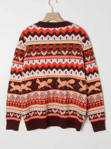 Modisch und elegant für Herbst und Winter, bequem und lässig, einfach und stilvoll als Homewear, mit Retro-Elementen im Design, Fuchsmuster Jacquard, Retro-Farbmuster, lässig und schlicht geschnittener modischer Oversized-Pullover, Rundhals-Langarm-Strickpullover, Damen-Pullover, Damen-Strickoberteil, Damen-Pullover.