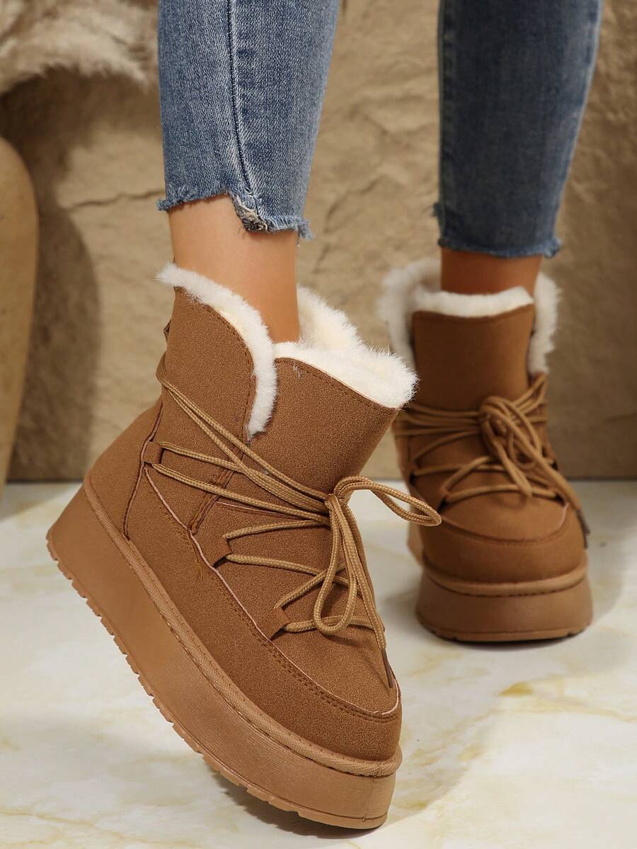 2024 新款女士雪地靴冬季加厚保暖内衬厚底保暖靴 - 棕色 - 查看 1