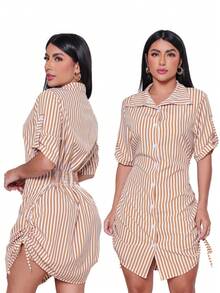 Kit 3 Striped Women's Shirt Dress Fashion Blogger - 紫色+棕色+黑色 - 查看 3