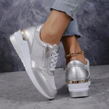 Women's Casual Round Toe Lace-Up Wedge Platform Sports Shoes, Soft Sole, Spring/Autumn