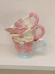 1pc 180ml Hand-Painted Bow Ceramic Coffee Cup, Handcrafted Flattened Handle Mug, Suitable For Cafe Latte, Manual Coffee, Office Milk Cup, Water Cup, Holiday Gift, Girlfriends Cup, Afternoon Tea Cup, Holiday Decoration Back To School Back To School