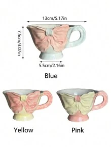 1pc 180ml Hand-Painted Bow Ceramic Coffee Cup, Handcrafted Flattened Handle Mug, Suitable For Cafe Latte, Manual Coffee, Office Milk Cup, Water Cup, Holiday Gift, Girlfriends Cup, Afternoon Tea Cup, Holiday Decoration Back To School Back To School