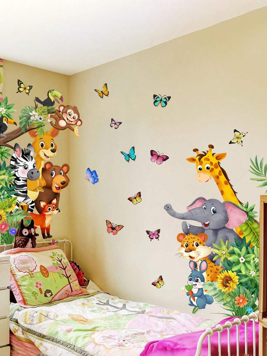 1set Cute Forest Animals Giraffe Elephant Butterfly Decor Wall Stickers