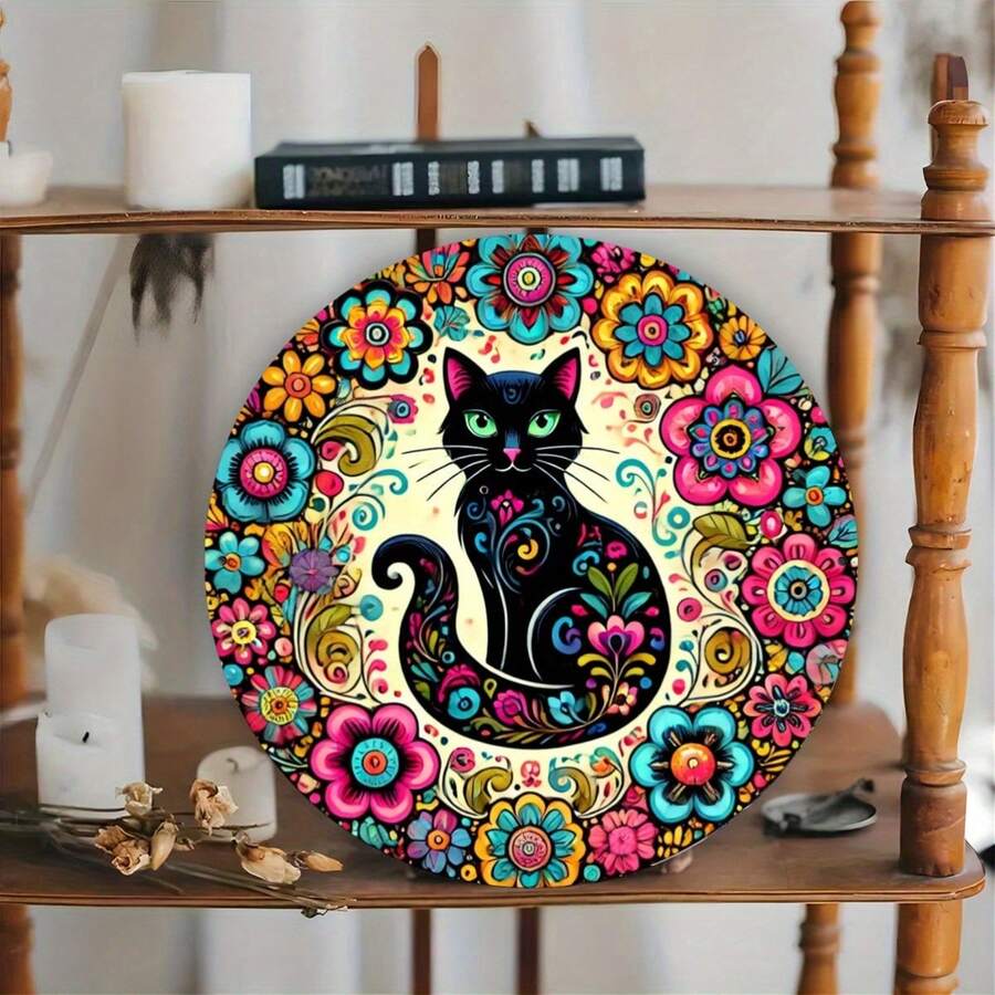 1 vòng hoa mèo Ngày của người chết Mexico: Thẻ kim loại tròn 8X8in / 20X20cm - Trang trí nhà, quán cà phê, văn phòng, vườn, nhà hàng - Chất liệu sắt Lên, xuống, trái và phải Các vị trí lỗ khác nhau Giao hàng ngẫu nhiên - Nhiều màu - Xem 1