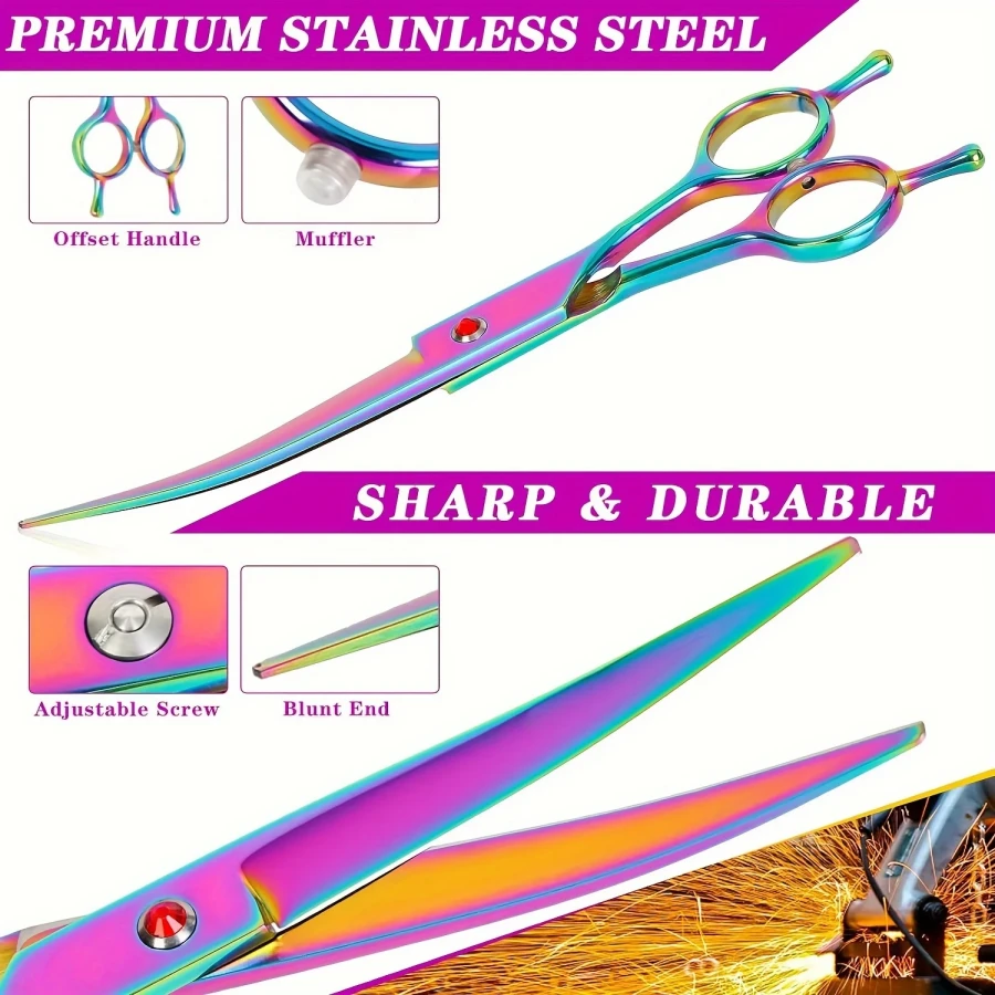 1set 7" Color Stainless Steel Pet Grooming Scissors & Brush, Suitable
