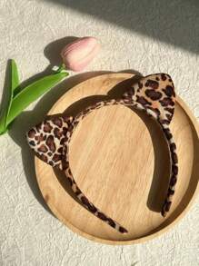 1pc Ladies Simple And Elegant Leopard Print Cat Ear Headband For Daily Use And Commuting Halloween, Face Wash With A Headband Pack Mask Headband - Leopard - View 5
