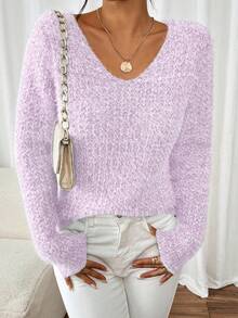1 件女式露肩毛衣，时尚宽松 V 领柔软针织套头衫，女士百搭毛衣 - 淡紫色 - 查看 4