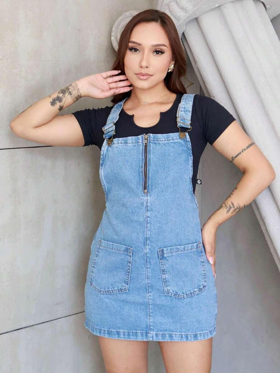 Women's Short Denim Overalls With Front Pocket - 中等水洗藍 - 查看 1